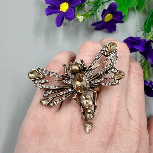 Vintage Gold Crystal Dragonfly Cocktail Statement Ring - Picture 3 of 7